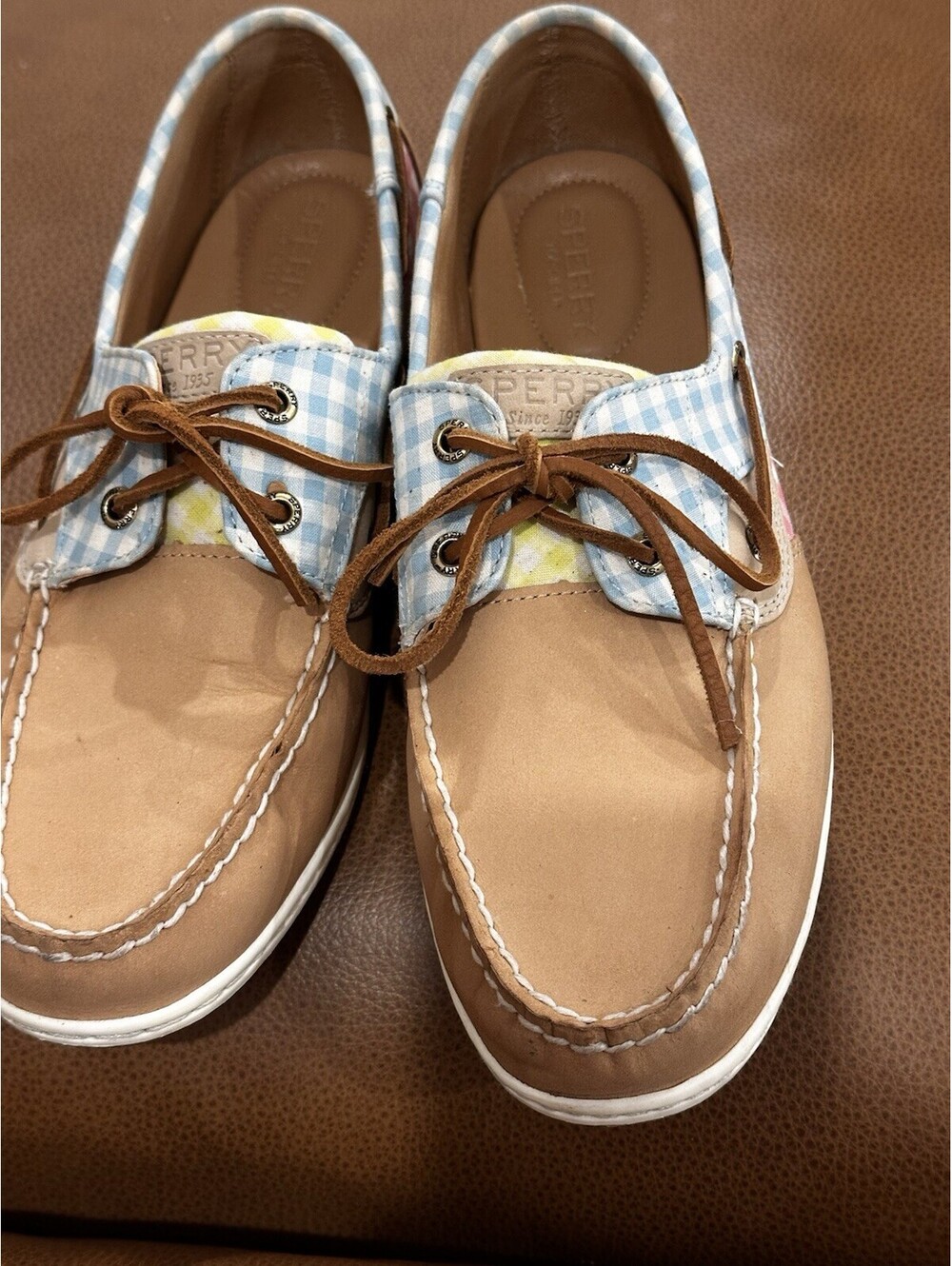 Sperry Angelfish Boat Shoes Women’s 10W Tan Leather Gingham Plaid STS88731
